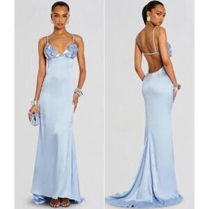 NWT $1,198 Oline Ice Blue Embroidered Satin Beaded Sequin Dress Gown Medium Rare